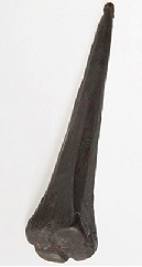 A stick; one end has a small knob, widening gradually to a squared-off far end. The square bottom has two grooves cut from face to face.